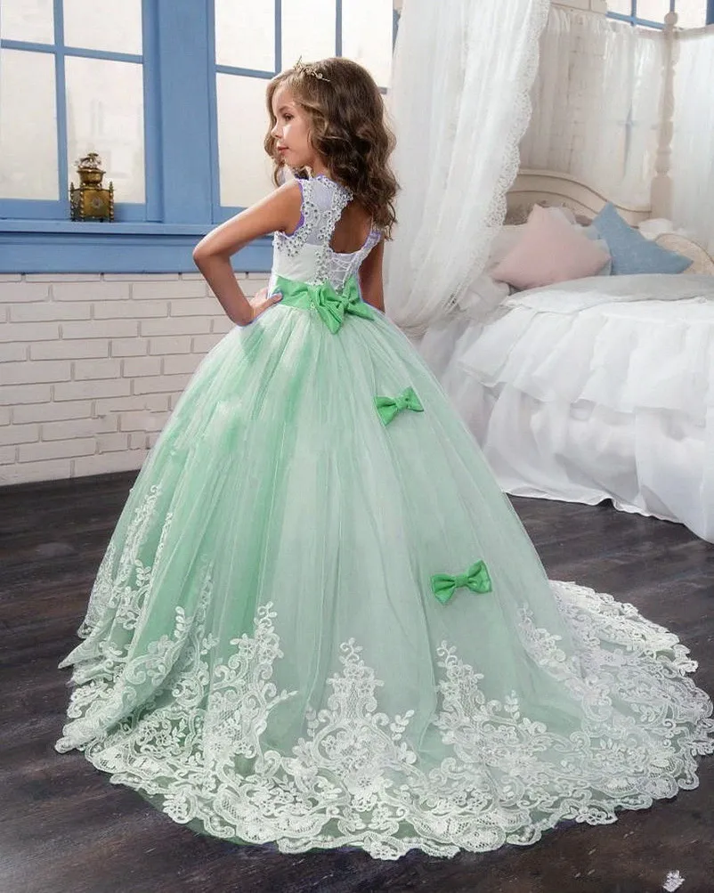 2020 Verde Tulle frisada vestido de baile Vestidos menina princesa mangas Flores Pageant Vestidos Meninas Vestido daminha