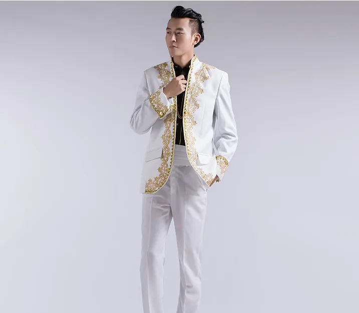 Costumes pour hommes Blazers Grossiste- Blanc Noir Rouge Couleurs Mariage Marié Tuxedo Broderie Applique Costume Hommes Or Veste + Pantalon1