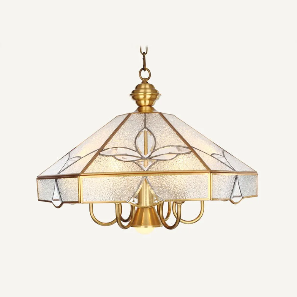 European Copper Living Room Pendant Light Study Room diamond Glass Shade Copper Pendant Lamp Bedroom Carved Pendant Light