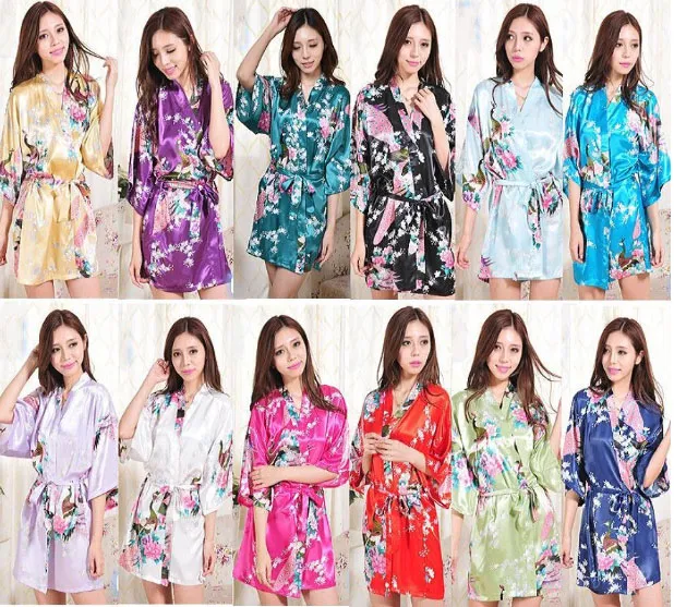 Hot koop zijde satijn bruiloft bruid bruidsmeisje gewaad korte kimono nacht gewaad bloemen badjas peignoir femme mode dressing jurk voor vrouwen