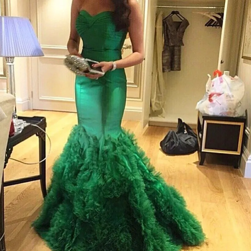 Emerald Green Mermaid Sweetheart Strapless Tulle Prom Dresses met Roes Rok Dames Sexy Pageant Jurk voor Party