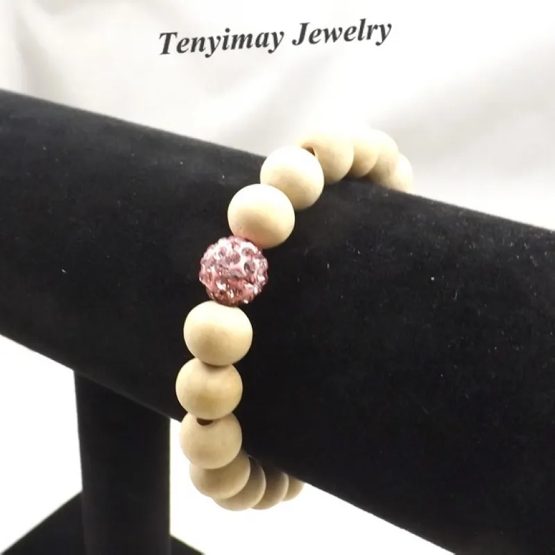 Indien Stil Stretchy 10mm Original Farbe Holz Perlen Armband mit hellrosa Strass Perle für Mädchen Pack von 