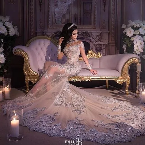 Robe de mariée sirène modeste avec train détachable, col haut, manches longues, appliques en cristal, sur jupes, volants, robe de mariée en organza