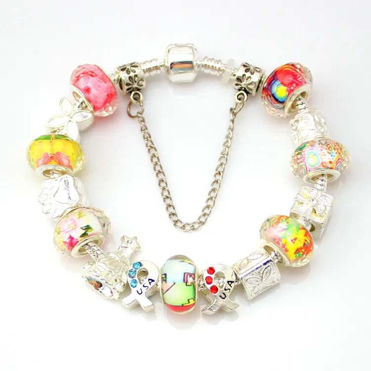 Colorful European Style Crystal charms Silver Plated Chamilia Beads Bracelet & Bangles for Women with Acylic Beads