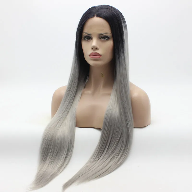 Iwona cheveux raides Extra longue racine foncée gris Ombre perruque 2210906 moitié main liée résistant à la chaleur synthétique dentelle avant Wigs7126417