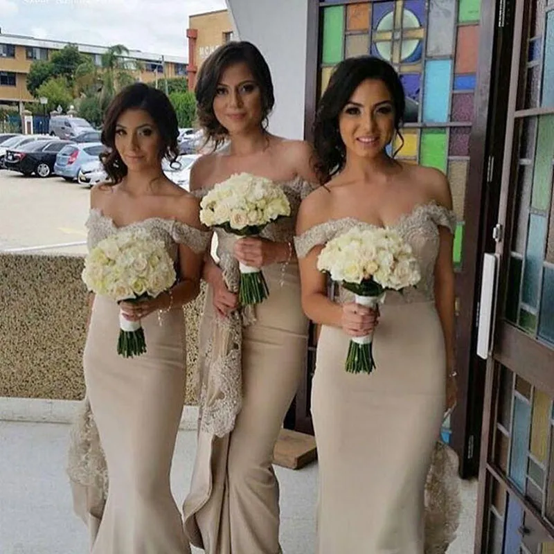 2018 Champagne Mermaid Bridesmaid Dresses Lace Applique Long Off The Shoulder Beaded Country Wedding Guest Dress Plus Size Bridesmaids