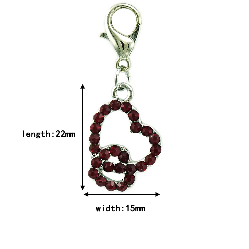 Floating Charm With Lobster Clasp Dangle Rhinestone Double Heart Pendants DIY Charms For Jewelry Making Accessories