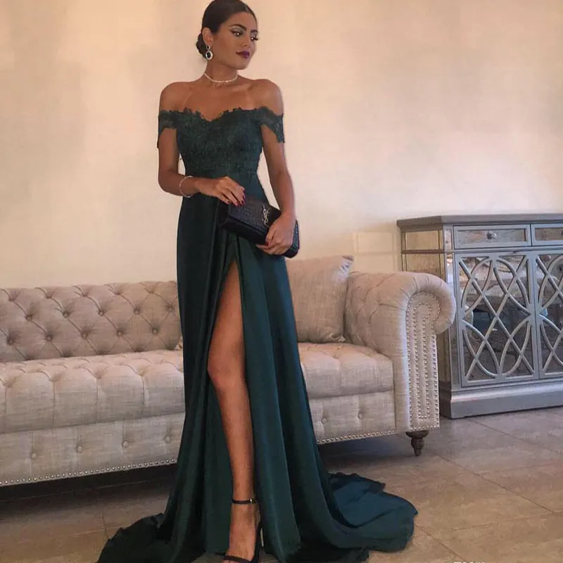 Novo vestido de noite verde caçador evasê vintage barato ombro de fora longo sem costas formal vestido de festa de formatura feito sob encomenda tamanho grande324r