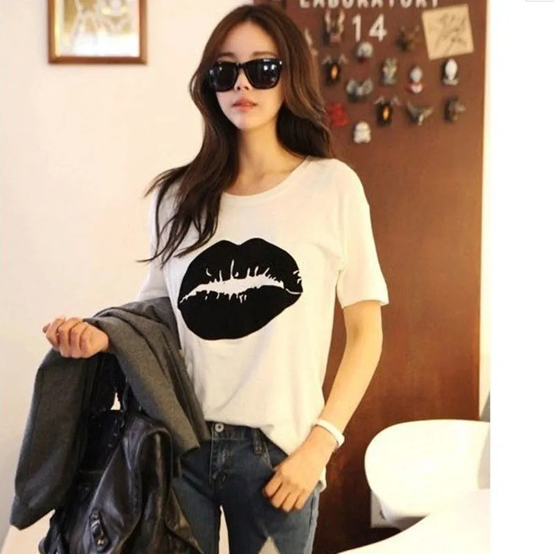 Atacado 2016 Moda Femme Poleras Camiseta O batom casual Imprimir Femea Solida Solida Tumblr Poleras Camisetas Mujer Mulheres T shirt