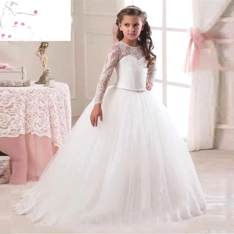 2019 New Hot Sale manga comprida Flower Girl Dresses para casamentos Lace primeiro vestido de comunhão para meninas pageant vestidos branco marfim