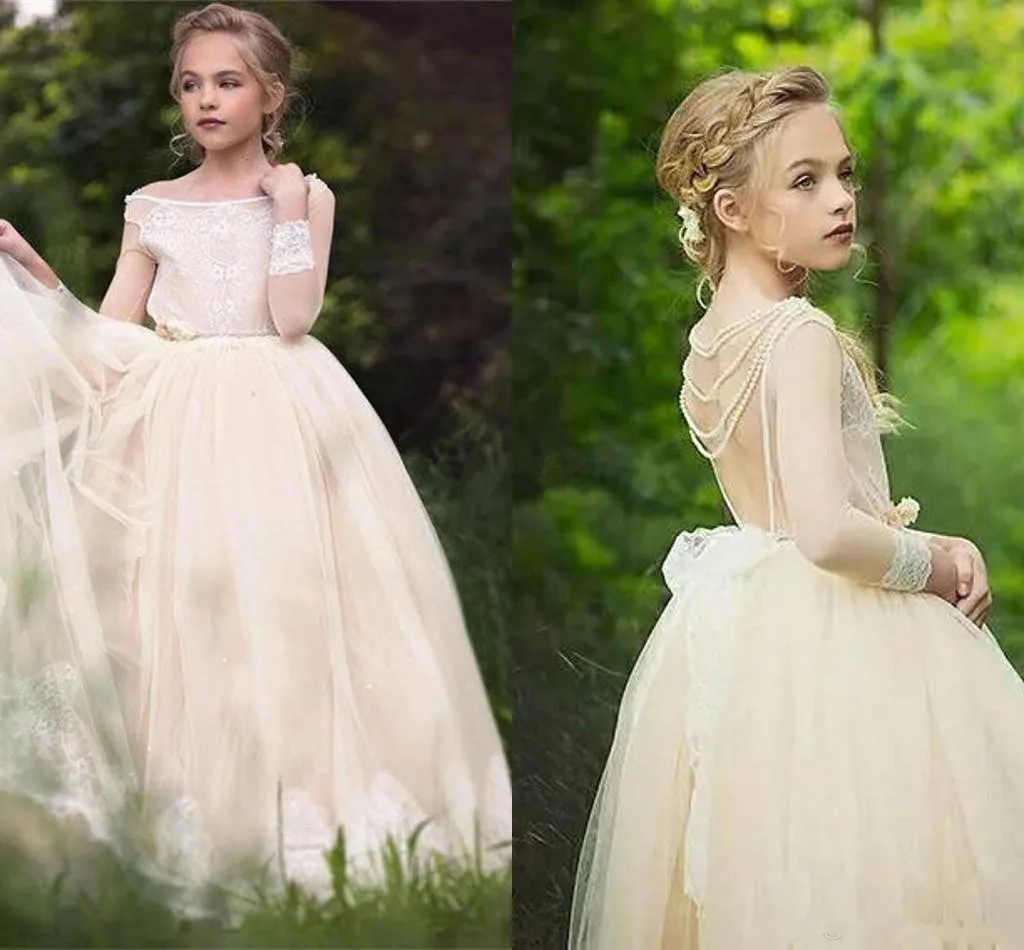 Maniche abbastanza champagne Abiti da ragazza di fiori per matrimoni di campagna Principessa A Line Scoop Neck Backless Lunghi Abiti da cerimonia per bambini Economici