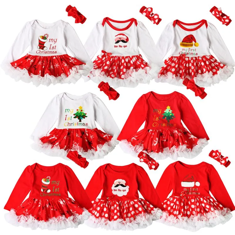 クリスマスのドレスの長袖の子供たちのドレス女の子の手紙の王女のドレスクリスマスツリー子供チュチュスケリットロンパース衣装ヘッドバンド
