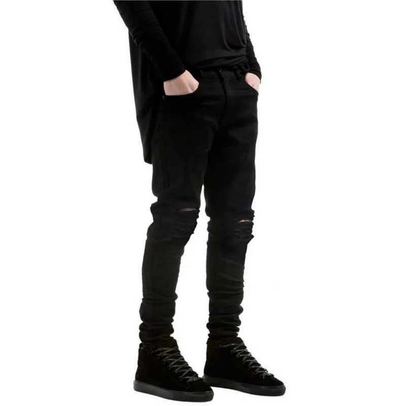 Nouveau Jean déchiré noir hommes avec des trous Denim Super maigre célèbre marque de créateur coupe ajustée Jean pantalon rayé Biker Jean