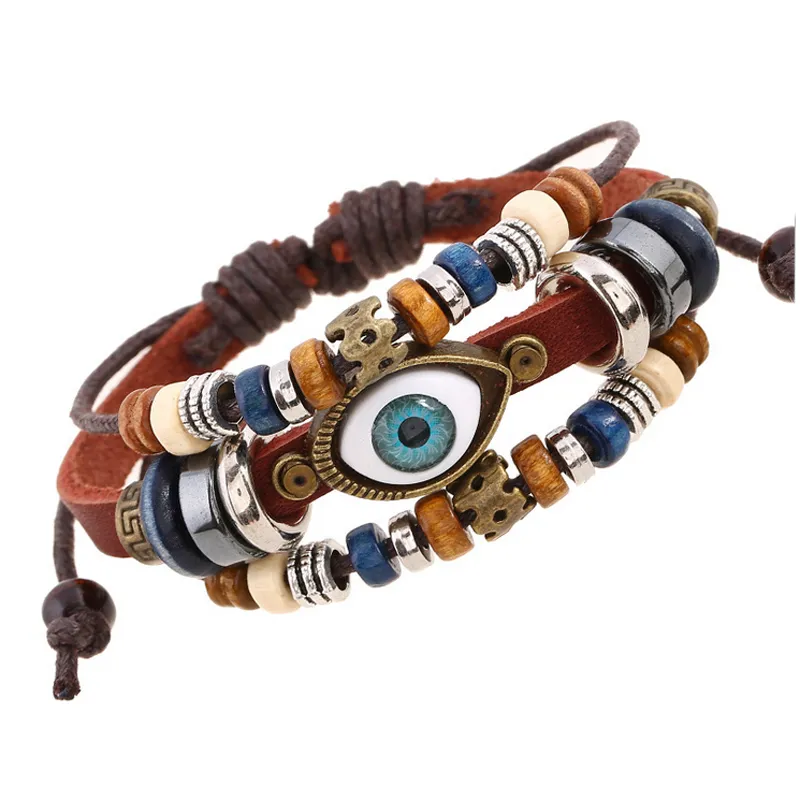 Retro Turkish Eye Charm Bracelet For Men Women Multilayer Wristband Adjustable Chain Leather Bracelet Vintage Jewelry In Stock