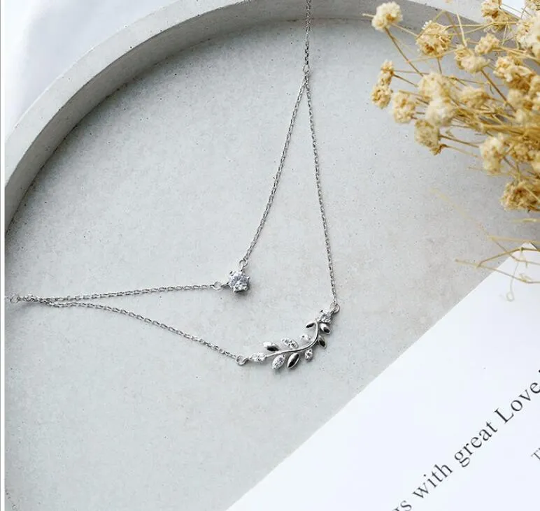 s925 silver zircon black olive tree double necklace Korean simple students clavicle chain birthday personality female