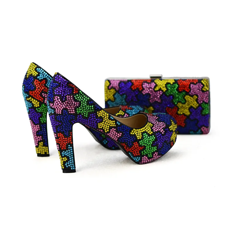 Chaussures de mariage de mariée à talons épais multicolores faites à la main avec pochette femmes chaussures de soirée de bal avec sac assorti