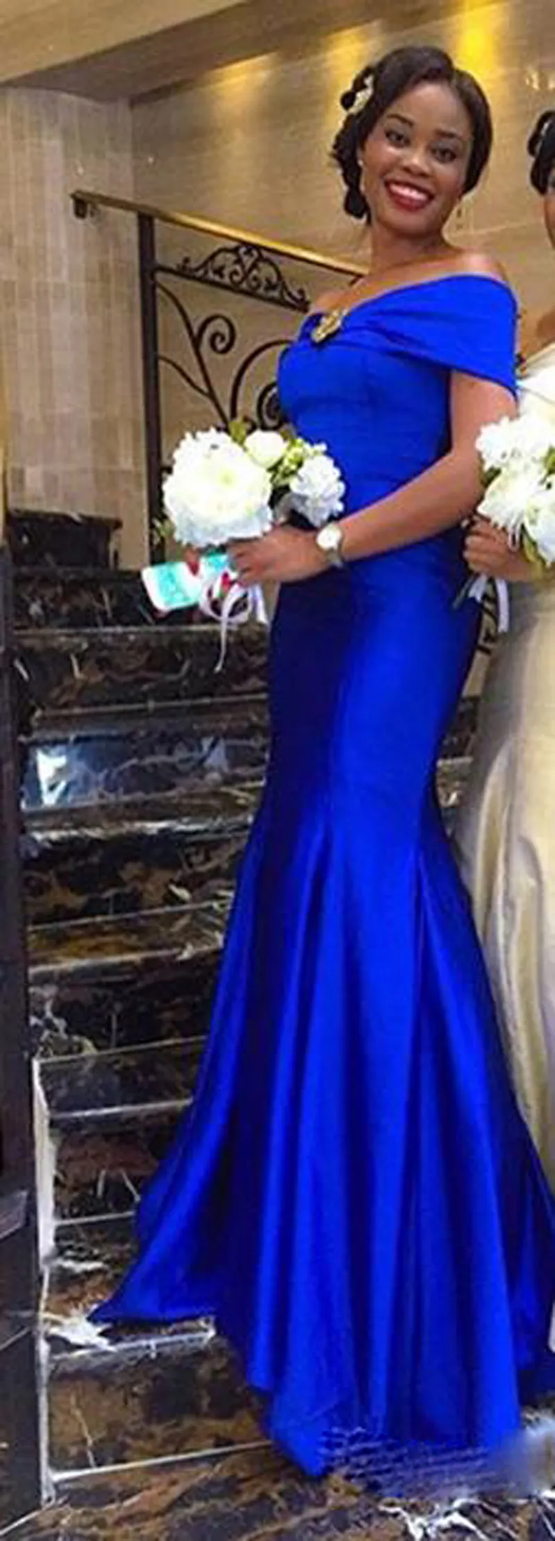 Африканская русалка Royal Blue Bridemaid платье 2018 Длина из бисера свадьбы Гостевая вечеринка Платья вечером Вестидо де Мадринхас