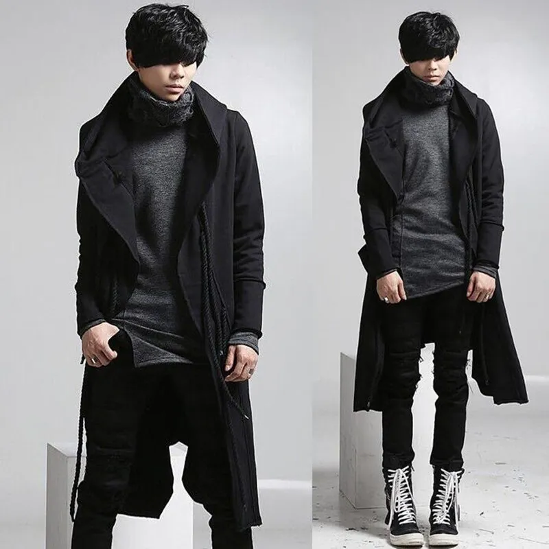 Wholesale- New fashion long trench coat men hip hop black long coat hoodie jacket mens casual wool overcoat hooded manteau homme cappotto