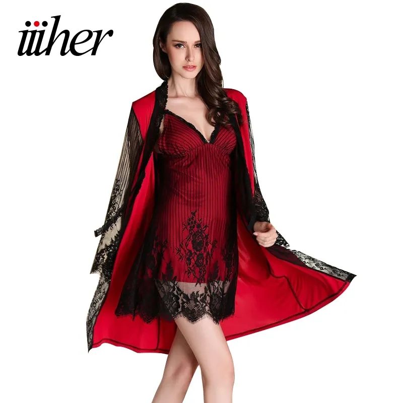 Wholesale- iiiher Lingerie Women Sexy Set Pajamas And Robe Sets Nightwear Dress Silk Robe Ladies Sleepwear Nightgown Women Cardigans