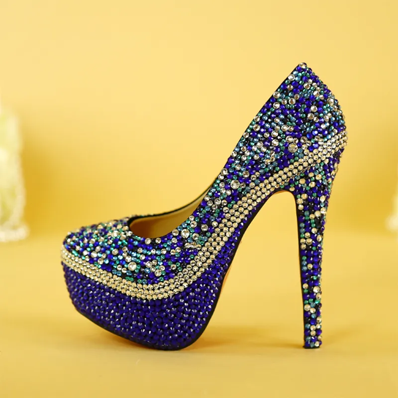 Nieuwste aangekomen unieke designe-schoenen met bijpassende tas Blue Rhinestone Party Prom Nightclub Hoge Hak Bruids Trouwschoenen