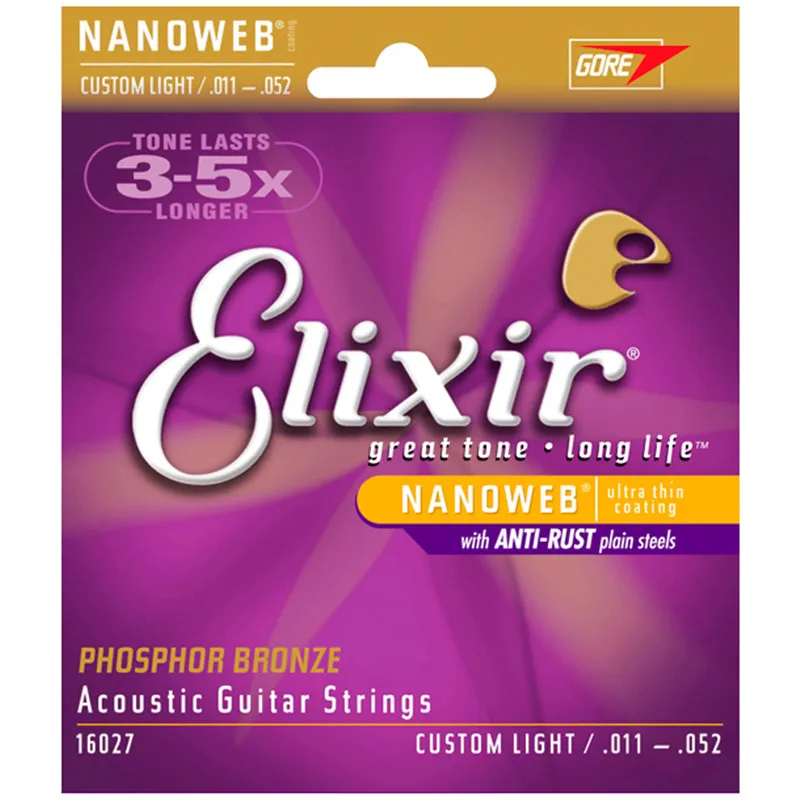 Partihandel 12 Sats Elixir 16027 NanoWeb Great Tone Long Life Phosphor Bronze .011-.052 Anpassade ljus akustiska gitarrsträngar