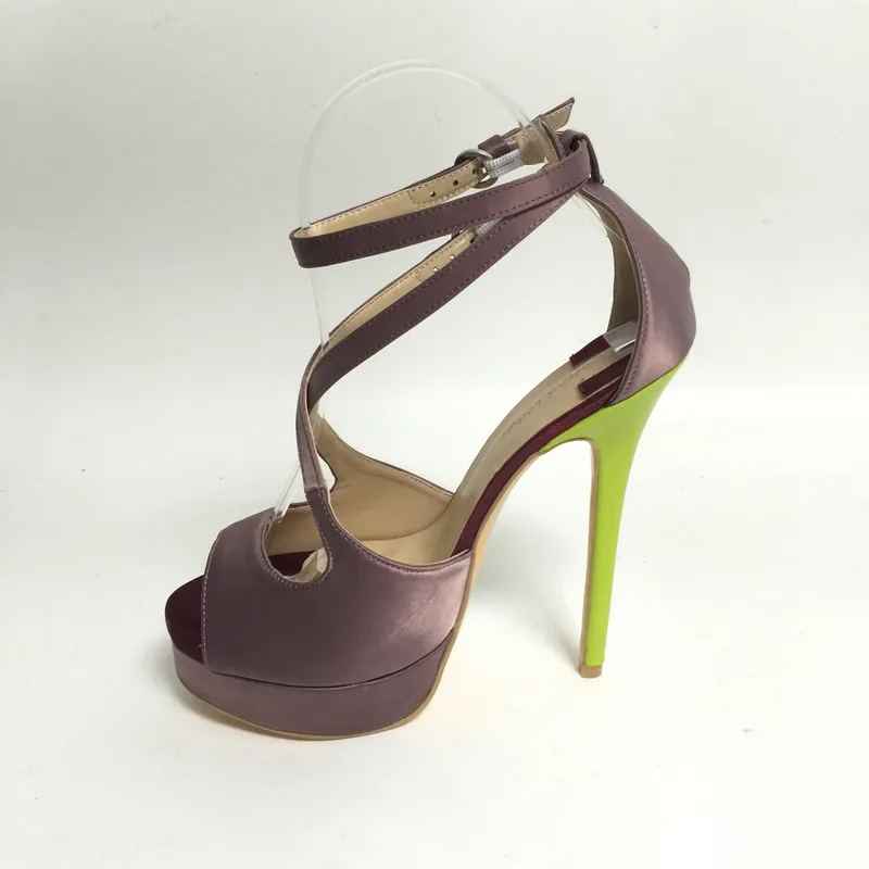 Poussière Purple Satin Chaussures De Mariée Peep Toe Talons Hauts T-sangle Plate-Forme Talons Talons À La Cheville Stilettos Chaussures De Mariage Plus La Taille US4-15