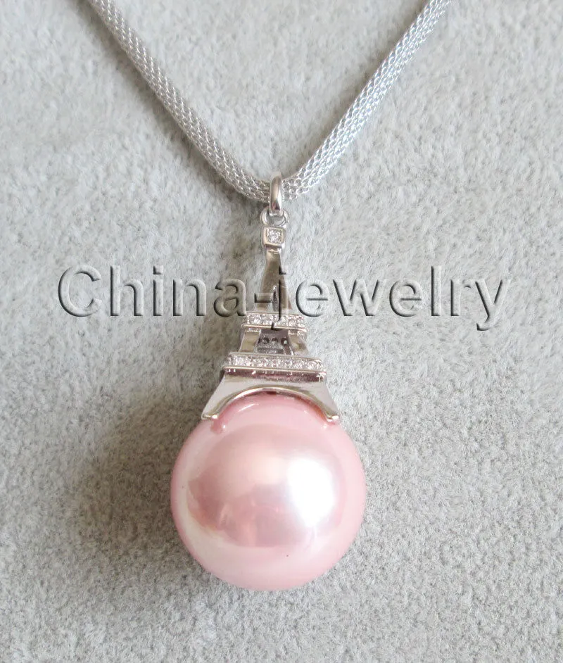 P6970-20-22 "Tower Shape Hanger + 16mm Ronde Roze South Sea Shell Pearl Necklace