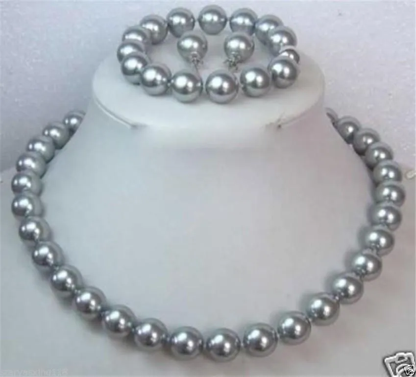 Set di collana di perle / orecchino da 10mm grigio del sud