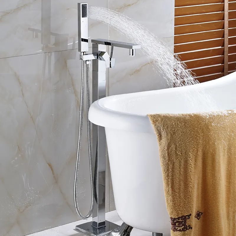 Nouveau Chrome moderne avec bec de cascade de couleur LED, robinet de baignoire de salle de bains, remplissage de baignoire carré debout avec pulvérisateur à main au sol Mou306r