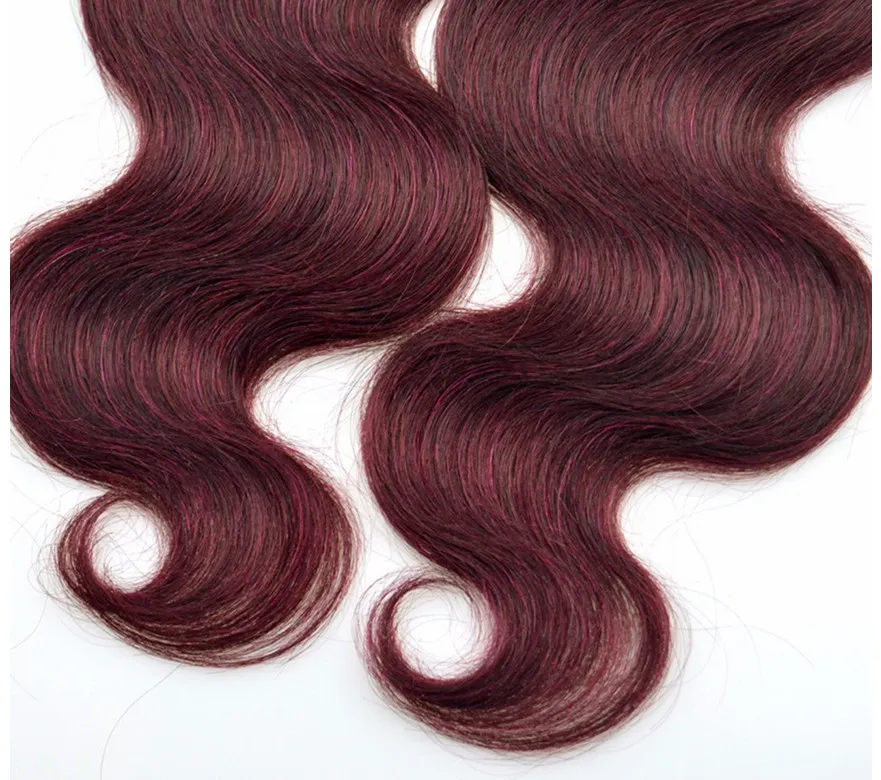 Burgundy hårförlängningar av högsta kvalitet Body Wave 100g LOT BRAZILIAN PERUVIAN 99J HUMMA HÅR Väver Rödvinfärg Hårbuntar4551501