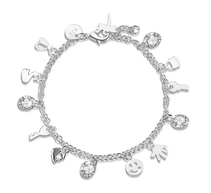 Bracelet à breloques en argent 925 à la mode visage souriant libellule serrure clé feuille de palmier cygne coeur treize étiquette pendentif Bracelet