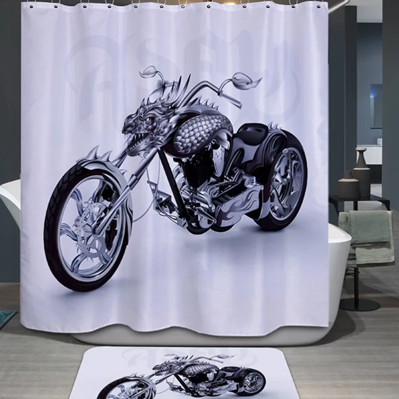 Wholesale- Morden Design White Polyester Cool Motorcycle Waterproof Shower Curtain Bathroom Products Polyester Bath Curtain 180x180CM