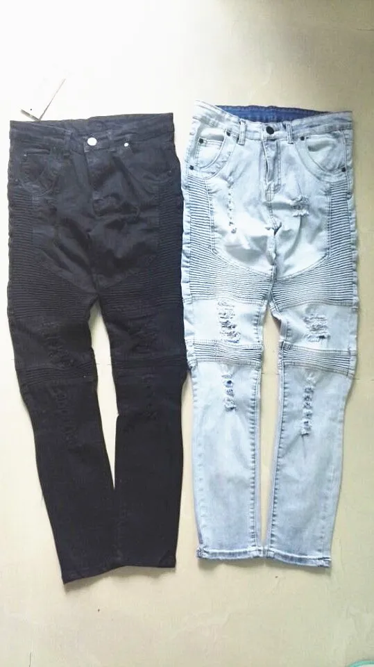 Mens Designer Pants Blue/Svart förstörde Slim Denim Straight Biker Skinny Jeans Casual Long Men Ripped Storlek 28-38