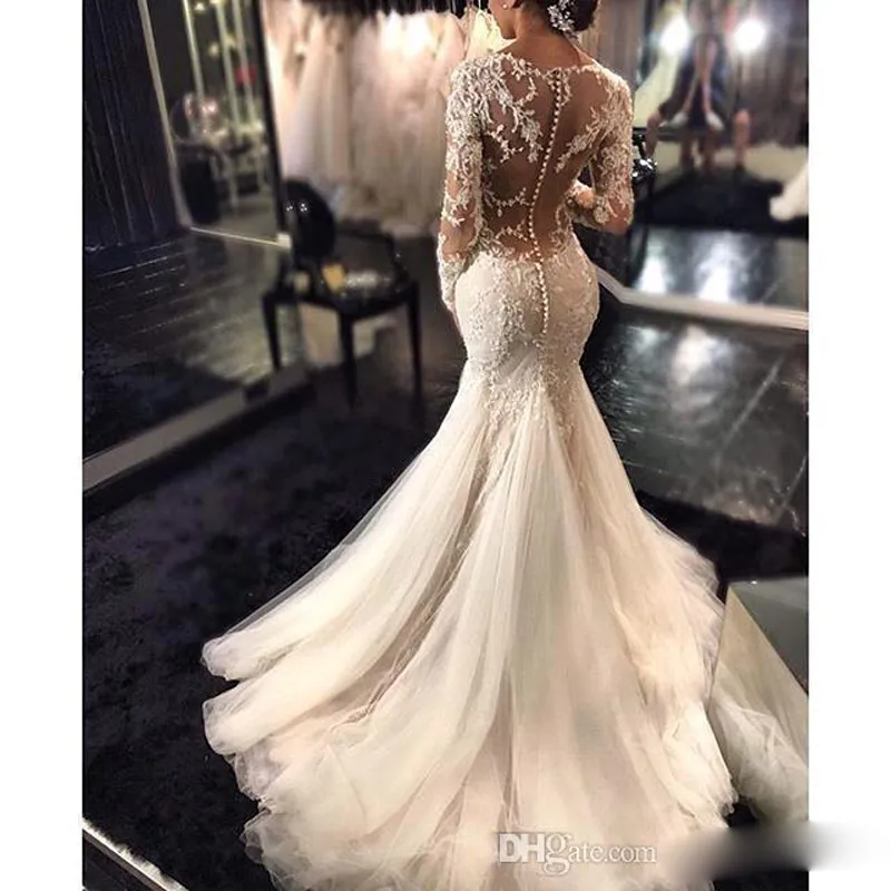 2017 New Sheer Sexy Lace Mermaid Wedding Dresses Dubai African Arabic Petite Long Sleeves Natural Slim Fishtail Bridal Gowns Custo4211854