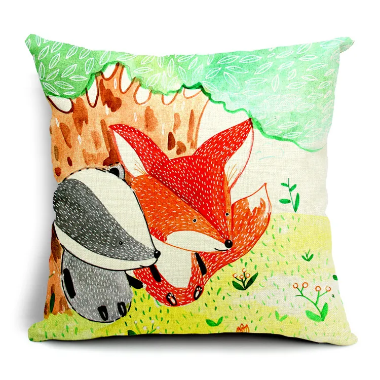 Мультфильм Red Fox Подушка Обложка площади Хлопок Лен Throw Подушка Обложка Housse De Coussin Ручная роспись Cojine для спальни диван