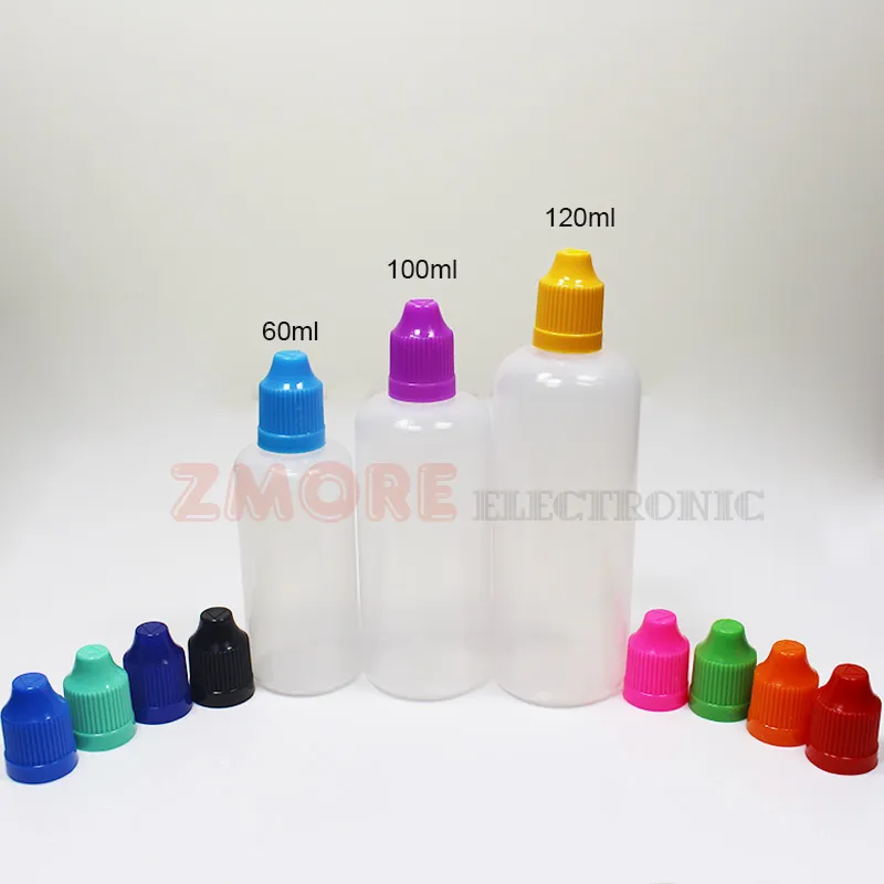 60ml 100ml 120ml Elettronica ecig flaconi liquidi contagocce in plastica traslucido pe bottiglia vuota e succo tappi colorati a prova di bambino punte contagocce lunghe e sottili