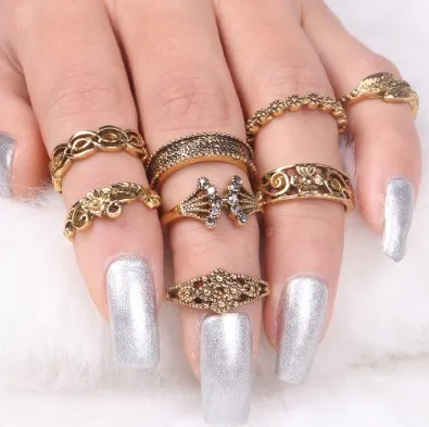 Vintage ring sets antiek zilver / goud gevuld olifant, gegraveerd uitgesneden blad 8 stks Womens Knuckle ring sets vingernagel ring sets