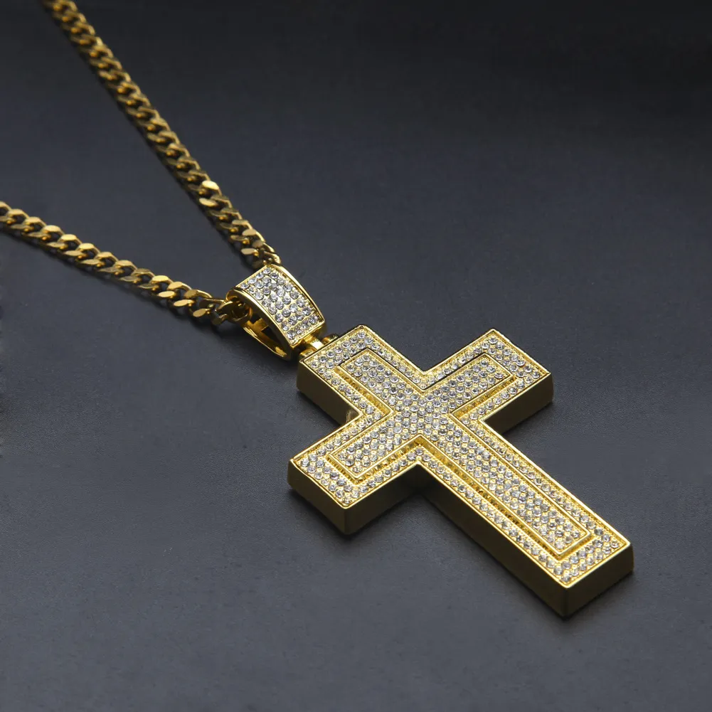 Men Catholic Silver Gold Plated Cross Pendant Necklace Fashion Rock Style Double Crucifix Clear Stone Christian Jewelry For Women MEN