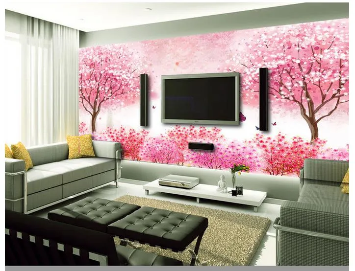 High-End-kundenspezifische 3D-Fototapete Wandbilder Wandpapier Rosa Romantische Kirschblüten-3d Wohnzimmer Tapete Hintergrund Wand Wohnkultur