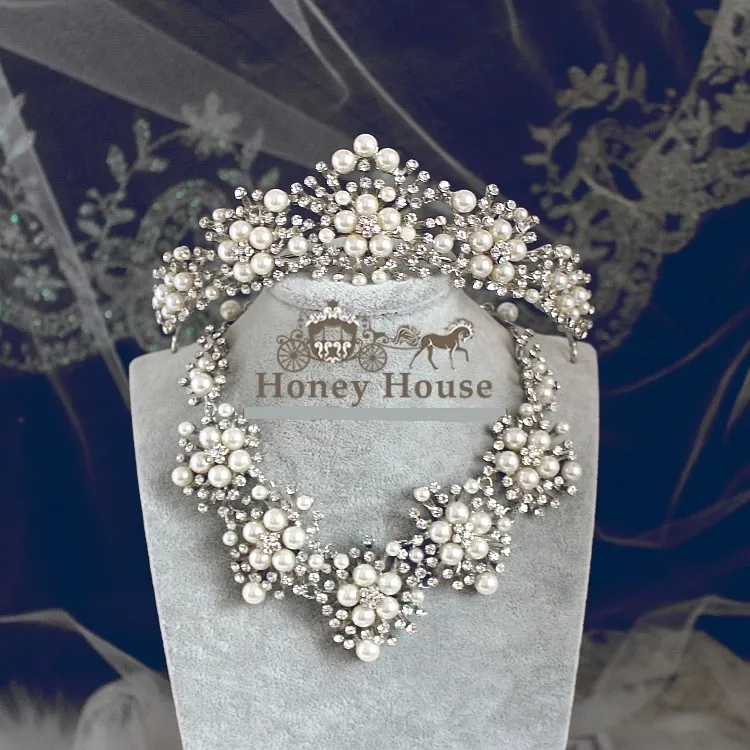 Set di 3 accessori per gioielli da sposa per matrimonio (corona + orecchini + collana) Design con foglie di cristallo con perle finte
