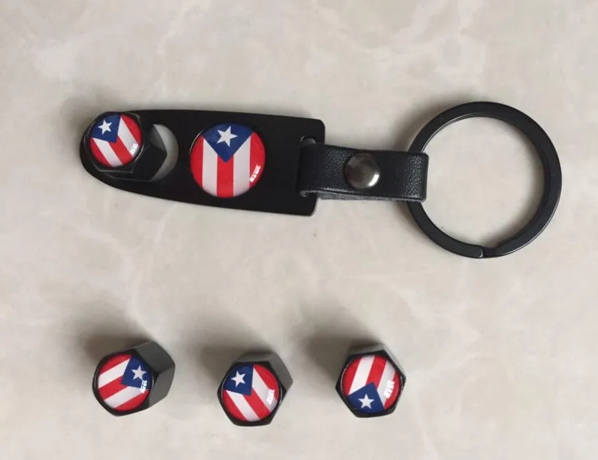 Puerto Rico Flag Leather Buckle keychain& Tire Valve caps Wheel Tyre Valve Stem Air Cap Cover caps air dust cap