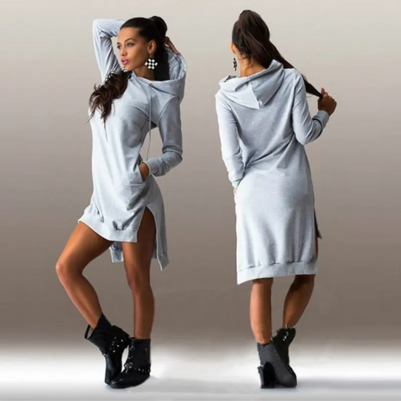 Vente en gros- 2016 Femmes Jumper Dress Sweat À Capuche Vestidos Hiver Pull Robe Sexy À Manches Longues Lâche Casual Tunique À Capuche