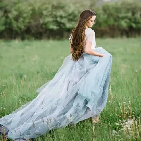 2017 Fairy Beach Boho Country Lace Wedding Dresses A Line Soft Tulle Short Sleeves Light Blue Ruched Skirts Plus Size Bohemian Bridal Gown