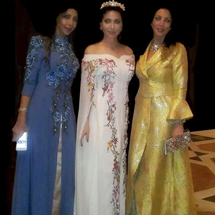 Incrível branco bordado vestidos de baile 2018 da arábia saudita fora do ombro vestidos de noite solto mangas a line mulheres festa formal vestidos