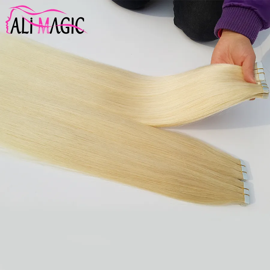 Tape in Human Hair Extensions PU Skin Inslag Remy 40 Stuks 100G Braziliaanse Virgin Hair Straight 18 "20" 22 "Ali Magic Factory Prijs