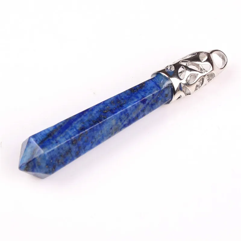 60*10mm Egyptian Blue Lapis Lazuli Nature Quartz Semi-precious Stone 6 Facet Cut Created Gemstones Silver Plated Cap Bail Pendant Necklace