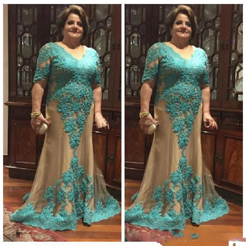 Teal V Neck Matka Prom Dresses Plus Rozmiar Koronki Aplikacje Syrenki Suknie Wieczorowe Pół Długie Rękawy Szampana Tulle Formalna Party Vestidos