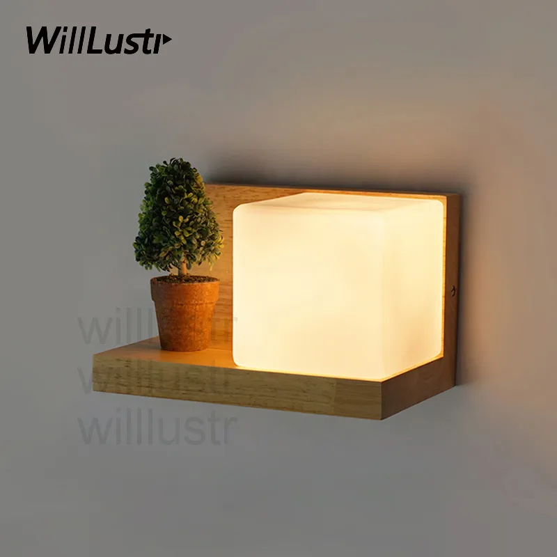 Willlust Cubi Wall Sconce Glass Lampa Trähylla Cubic Modern Light Hotel Restaurang Dörröppning Vanlighet Belysning Novelty Cafe Bar