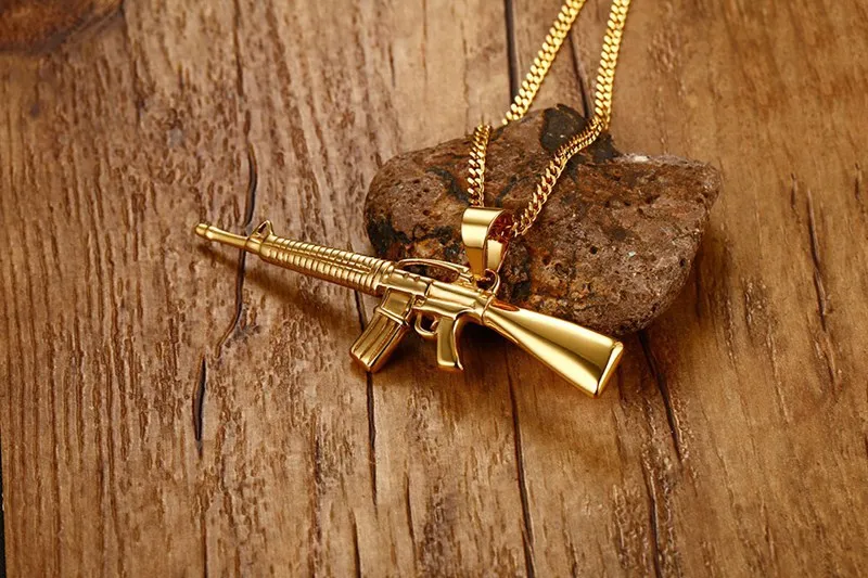 男性ネックレスゴールドメッキ AK-47 アサルトガンライフルアイスアウトペンダントネックレスステンレス鋼ヒップホップミリタリージュエリー PN-555