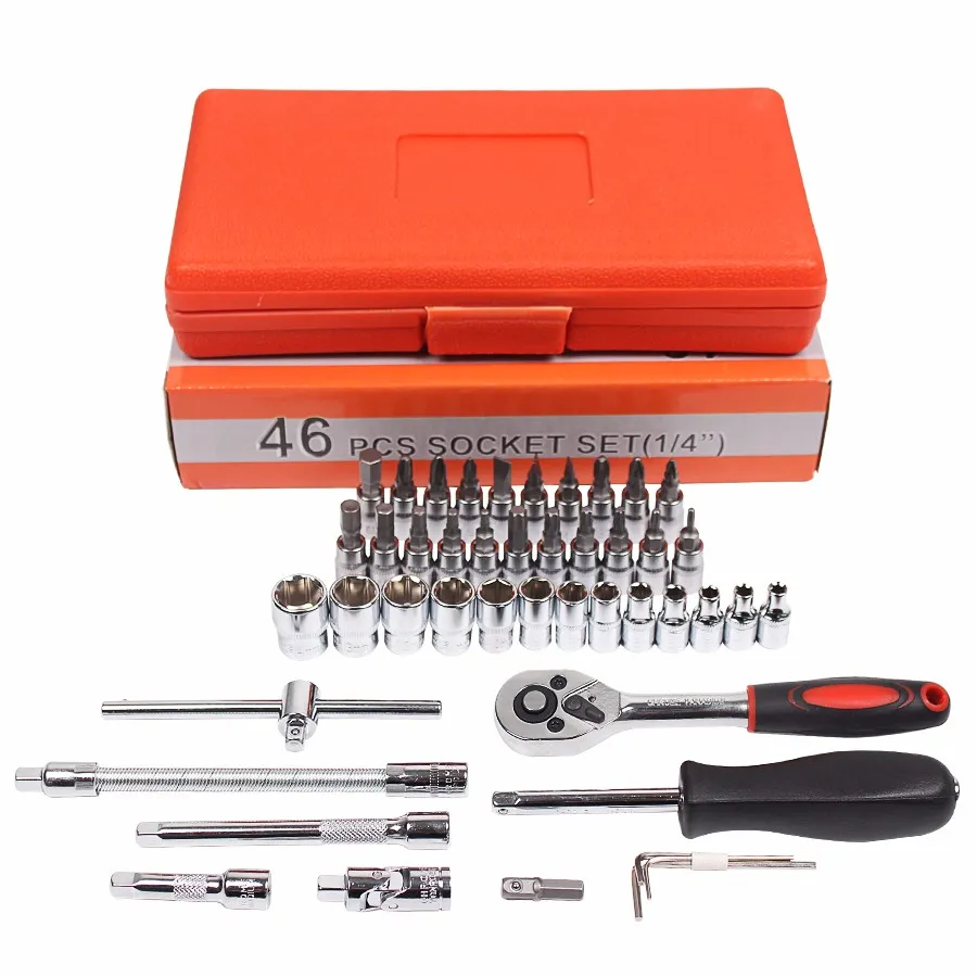 Bilreparationsverktyg 46st 1/4-tums socket Set Bil Reparationsverktyg Ratchet Momentnyckel Combo Tools Kit Auto Reparation Verktygssats